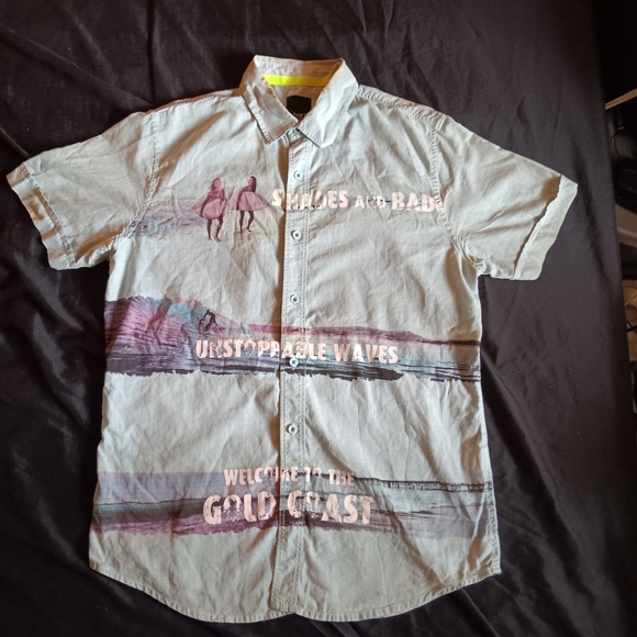 Bar lll Casual Button Down Beach Shirt | Men's - Small | Teal | Text Graphics - Picture 1 of 7